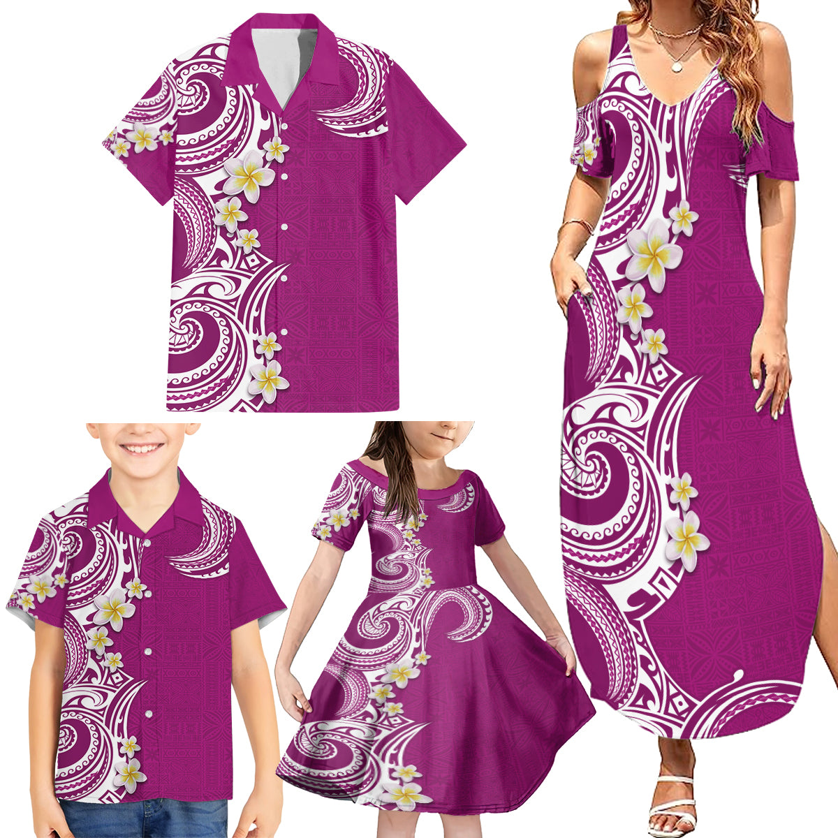 Aloha Polynesian Plumeria Flower Family Matching Summer Maxi Dress and Hawaiian Shirt Pink Color LT03 - Polynesian Pride
