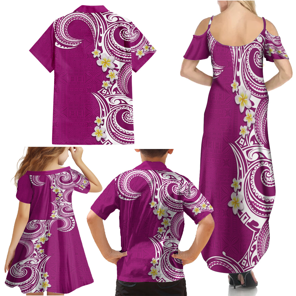Aloha Polynesian Plumeria Flower Family Matching Summer Maxi Dress and Hawaiian Shirt Pink Color LT03 - Polynesian Pride