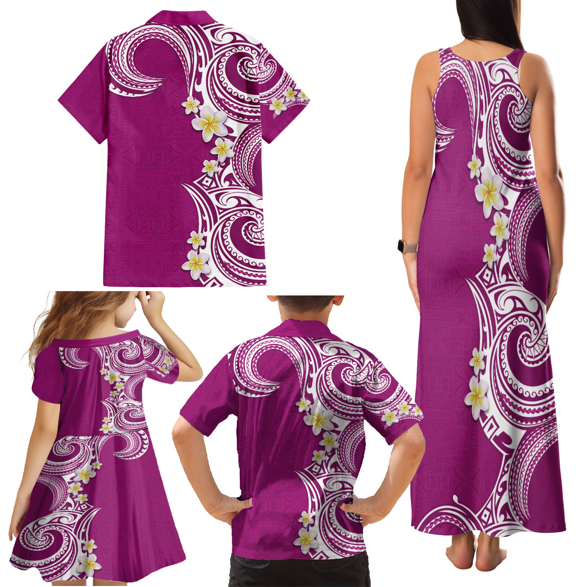 Aloha Polynesian Plumeria Flower Family Matching Tank Maxi Dress and Hawaiian Shirt Pink Color LT03 - Polynesian Pride