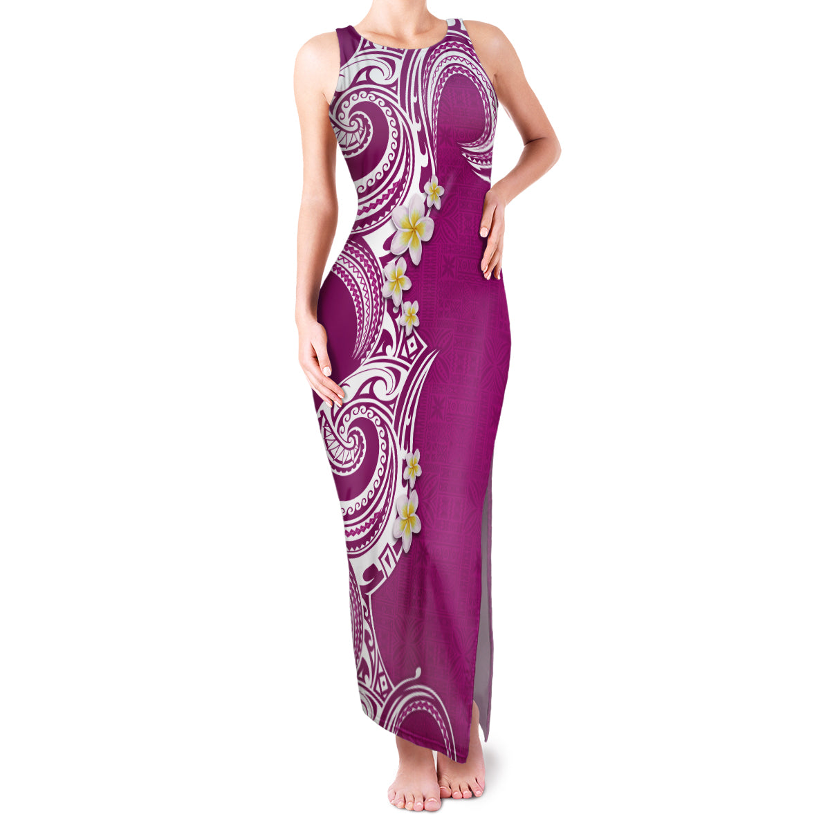 Aloha Polynesian Plumeria Flower Family Matching Tank Maxi Dress and Hawaiian Shirt Pink Color LT03 Mom's Dress Pink - Polynesian Pride