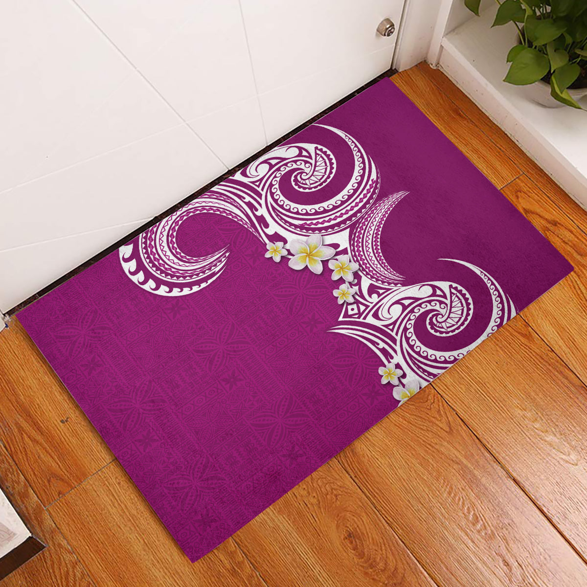 Aloha Polynesian Plumeria Flower Rubber Doormat Pink Color