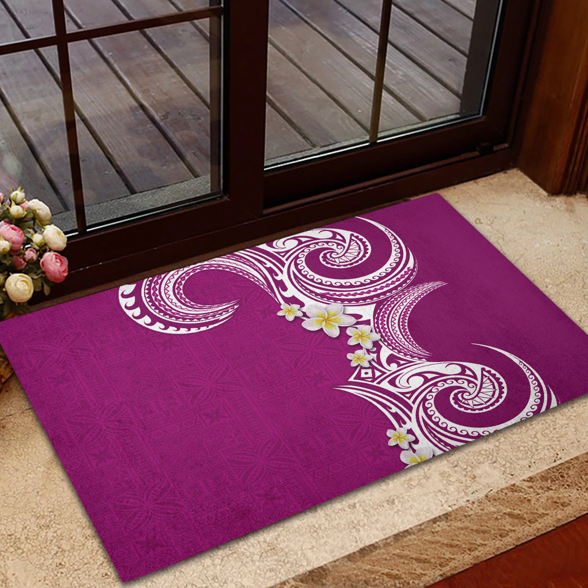 Aloha Polynesian Plumeria Flower Rubber Doormat Pink Color