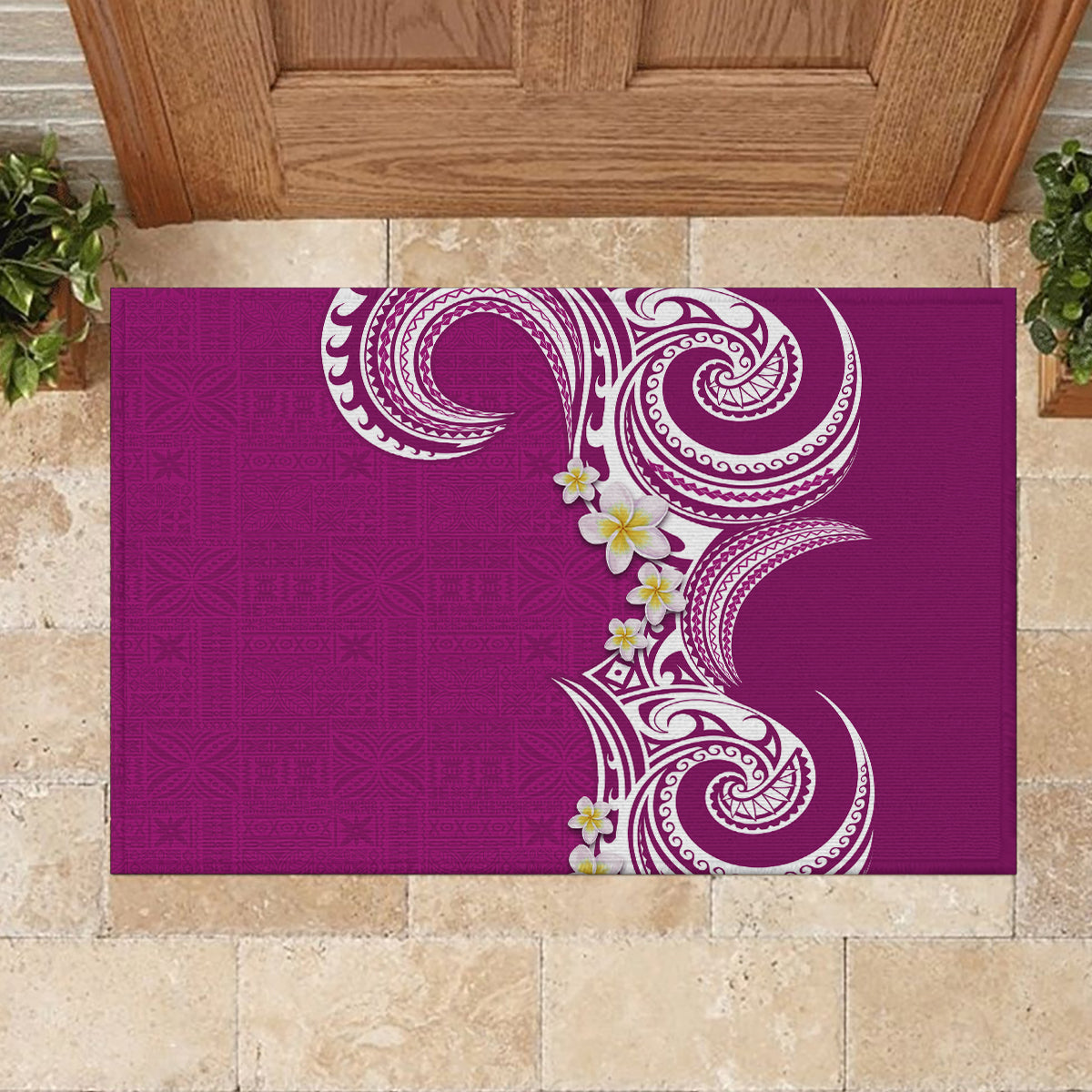 Aloha Polynesian Plumeria Flower Rubber Doormat Pink Color