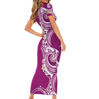 Aloha Polynesian Plumeria Flower Short Sleeve Bodycon Dress Pink Color