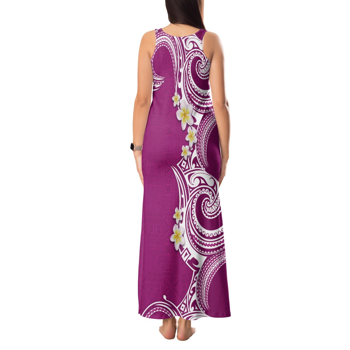 Aloha Polynesian Plumeria Flower Tank Maxi Dress Pink Color