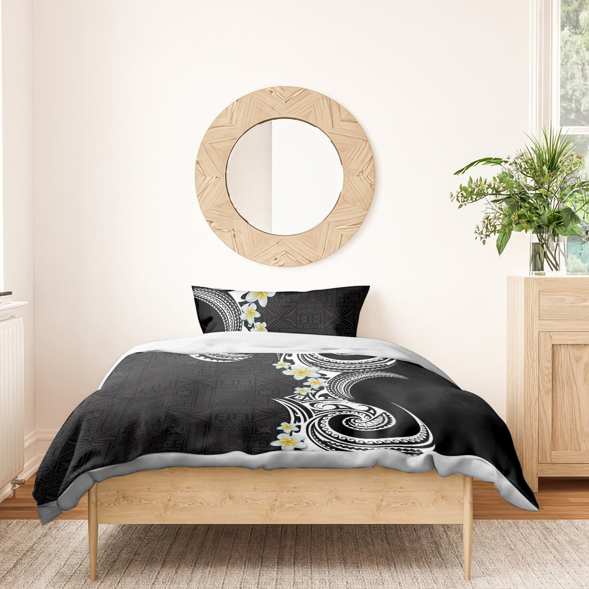 Aloha Polynesian Plumeria Flower Bedding Set Black White Color