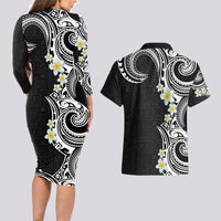 Aloha Polynesian Plumeria Flower Couples Matching Long Sleeve Bodycon Dress and Hawaiian Shirt Black White Color LT03 - Polynesian Pride