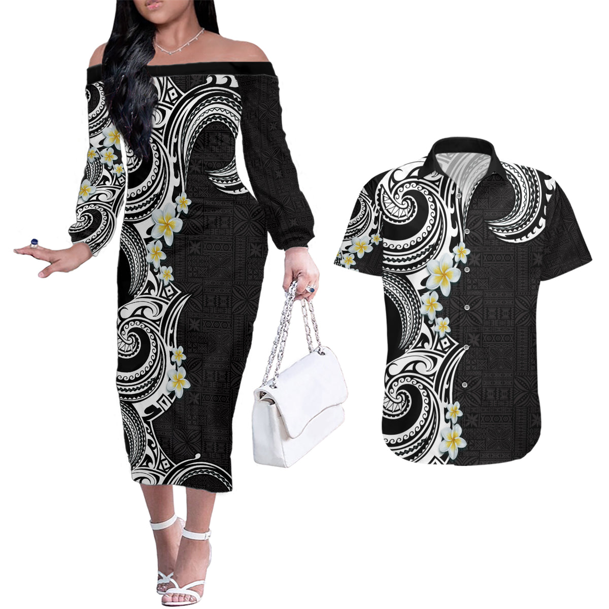 Aloha Polynesian Plumeria Flower Couples Matching Off The Shoulder Long Sleeve Dress and Hawaiian Shirt Black White Color LT03 Black - Polynesian Pride