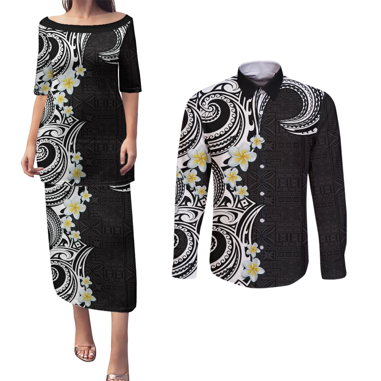 Aloha Polynesian Plumeria Flower Couples Matching Puletasi and Long Sleeve Button Shirt Black White Color