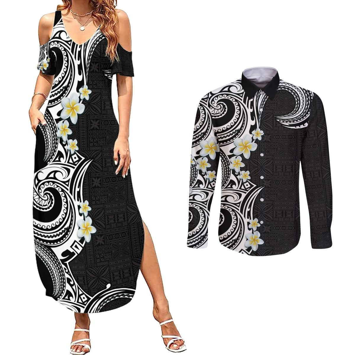 Aloha Polynesian Plumeria Flower Couples Matching Summer Maxi Dress and Long Sleeve Button Shirt Black White Color