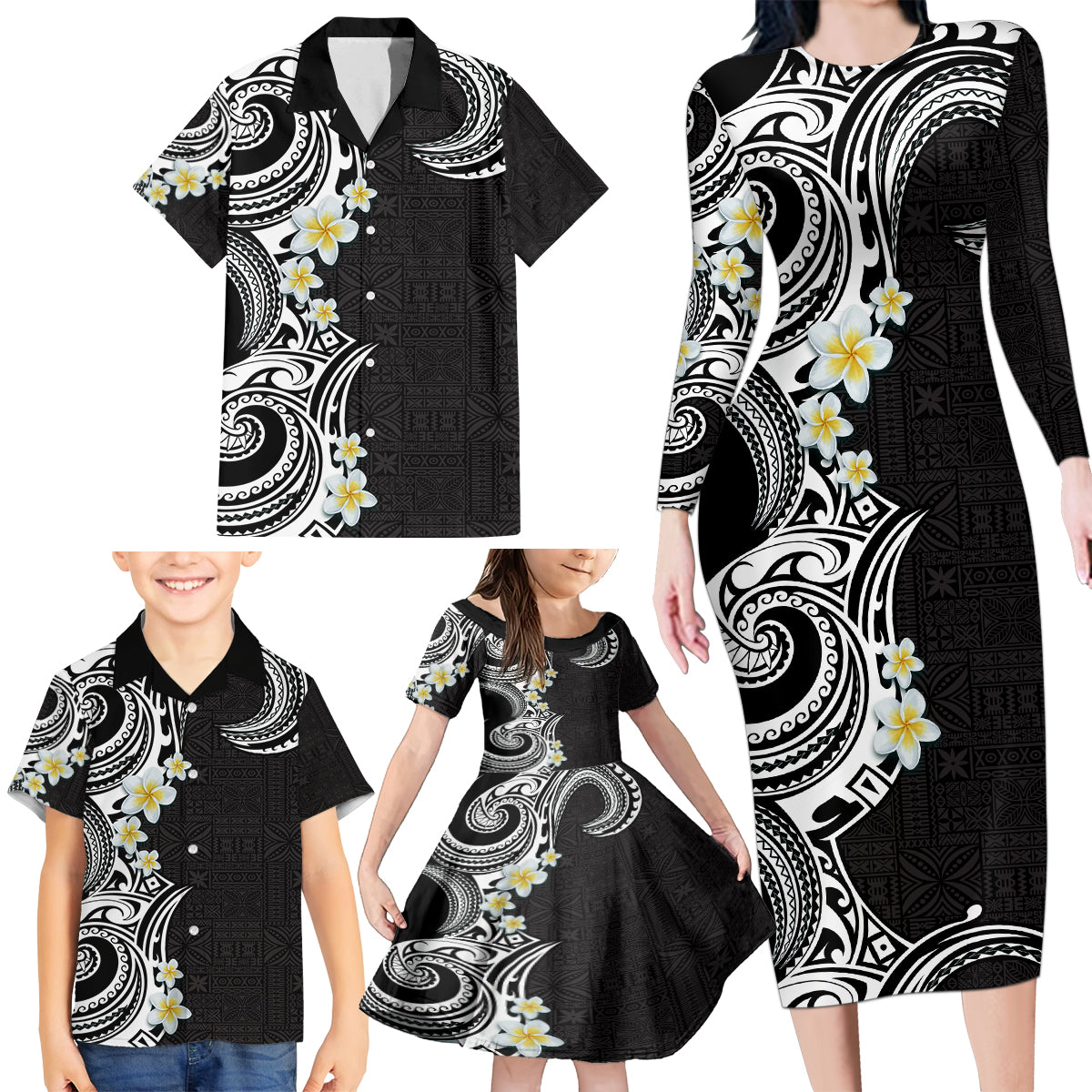Aloha Polynesian Plumeria Flower Family Matching Long Sleeve Bodycon Dress and Hawaiian Shirt Black White Color LT03 - Polynesian Pride