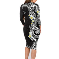 Aloha Polynesian Plumeria Flower Family Matching Long Sleeve Bodycon Dress and Hawaiian Shirt Black White Color LT03 - Polynesian Pride