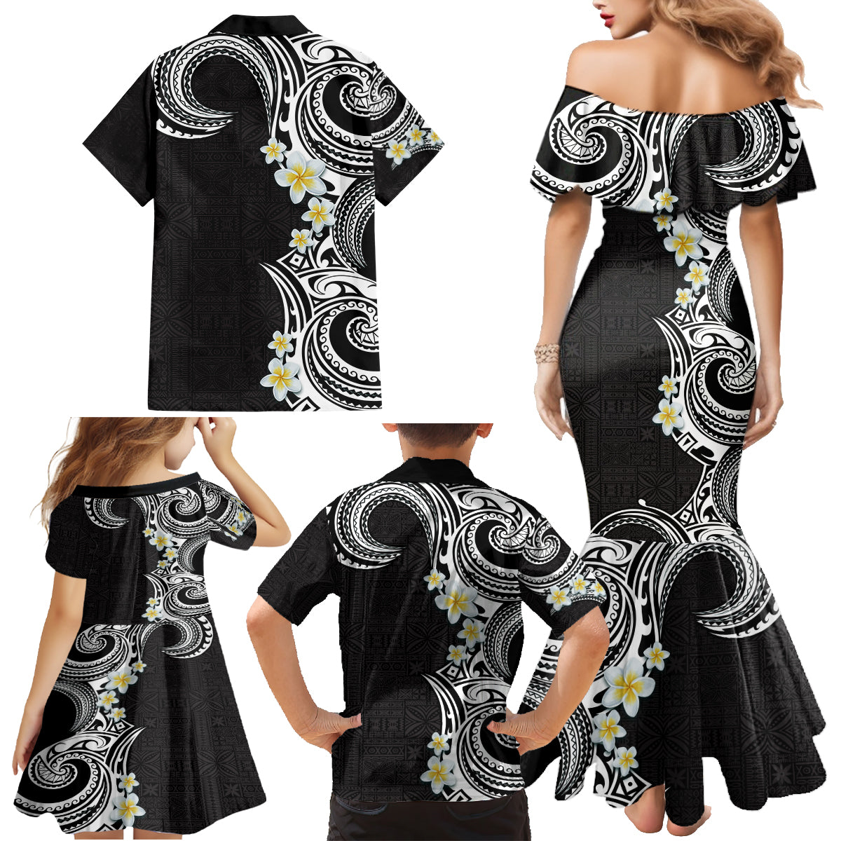 Aloha Polynesian Plumeria Flower Family Matching Mermaid Dress and Hawaiian Shirt Black White Color LT03 - Polynesian Pride
