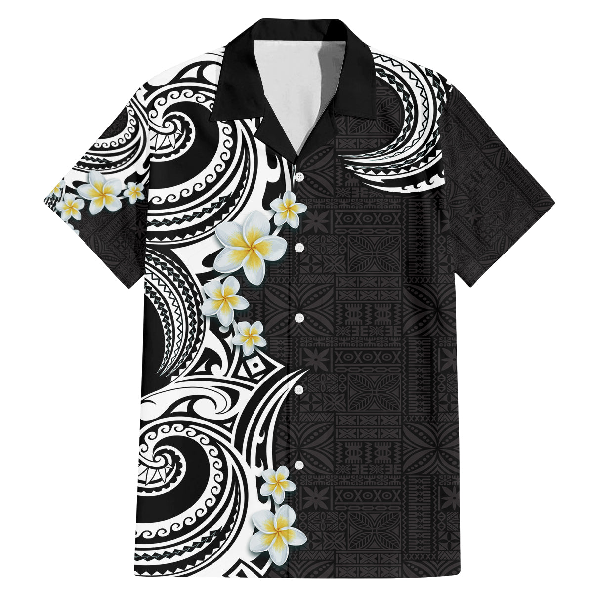 Aloha Polynesian Plumeria Flower Family Matching Mermaid Dress and Hawaiian Shirt Black White Color LT03 Dad's Shirt - Short Sleeve Black - Polynesian Pride