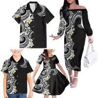 Aloha Polynesian Plumeria Flower Family Matching Off The Shoulder Long Sleeve Dress and Hawaiian Shirt Black White Color LT03 - Polynesian Pride