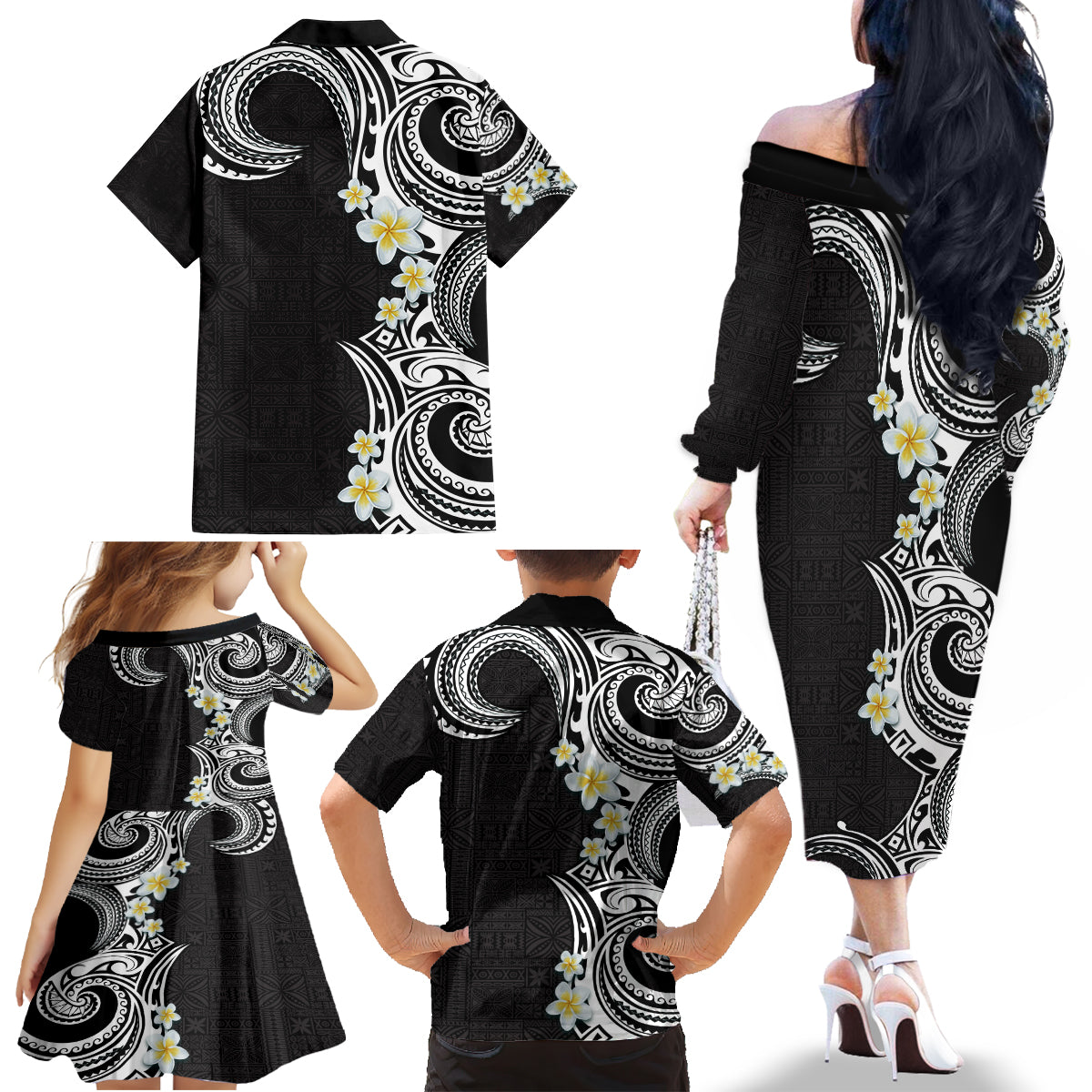 Aloha Polynesian Plumeria Flower Family Matching Off The Shoulder Long Sleeve Dress and Hawaiian Shirt Black White Color LT03 - Polynesian Pride