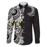 Aloha Polynesian Plumeria Flower Family Matching Off The Shoulder Long Sleeve Dress and Hawaiian Shirt Black White Color LT03 Dad's Shirt - Long Sleeve Black - Polynesian Pride