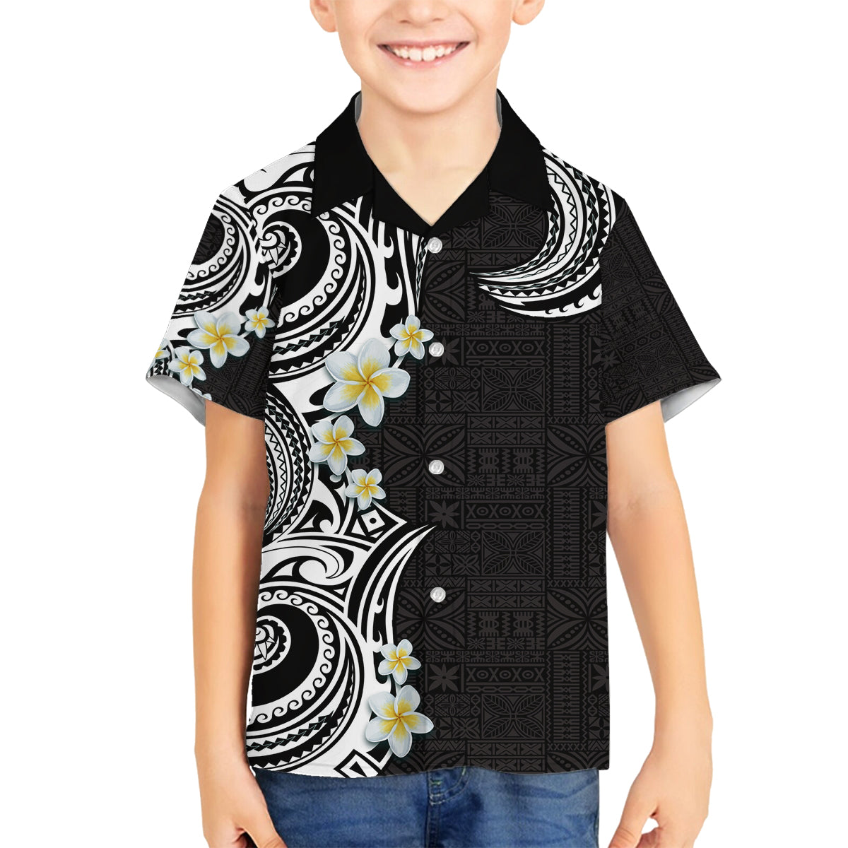 Aloha Polynesian Plumeria Flower Family Matching Off The Shoulder Long Sleeve Dress and Hawaiian Shirt Black White Color LT03 Son's Shirt Black - Polynesian Pride