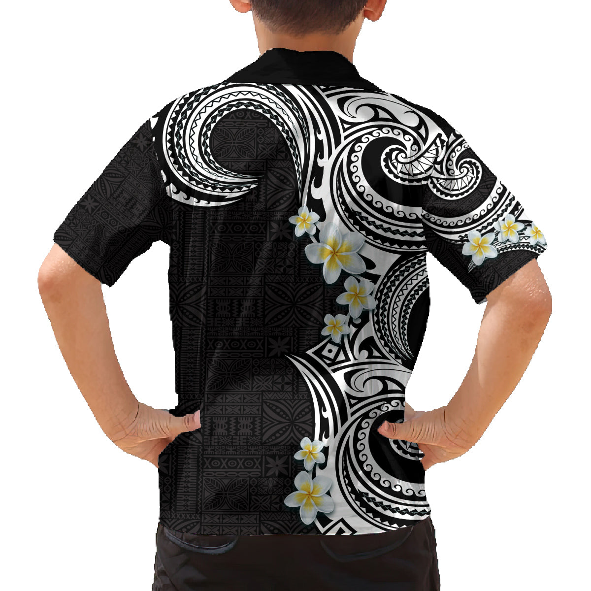 Aloha Polynesian Plumeria Flower Family Matching Off Shoulder Maxi Dress and Hawaiian Shirt Black White Color LT03 - Polynesian Pride
