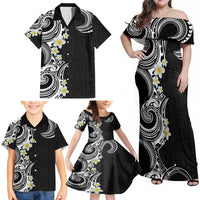 Aloha Polynesian Plumeria Flower Family Matching Off Shoulder Maxi Dress and Hawaiian Shirt Black White Color LT03 - Polynesian Pride