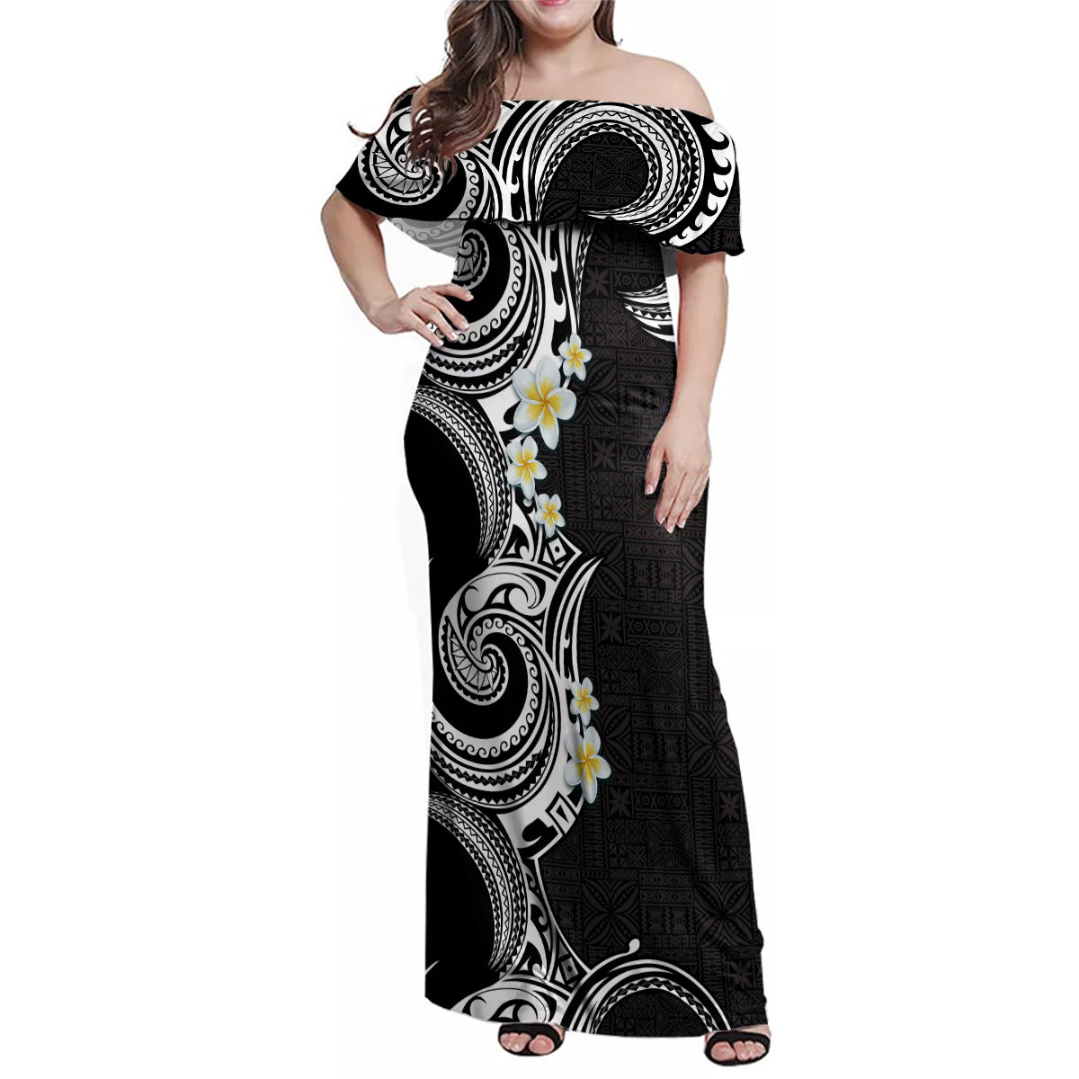 Aloha Polynesian Plumeria Flower Family Matching Off Shoulder Maxi Dress and Hawaiian Shirt Black White Color LT03 Mom's Dress Black - Polynesian Pride