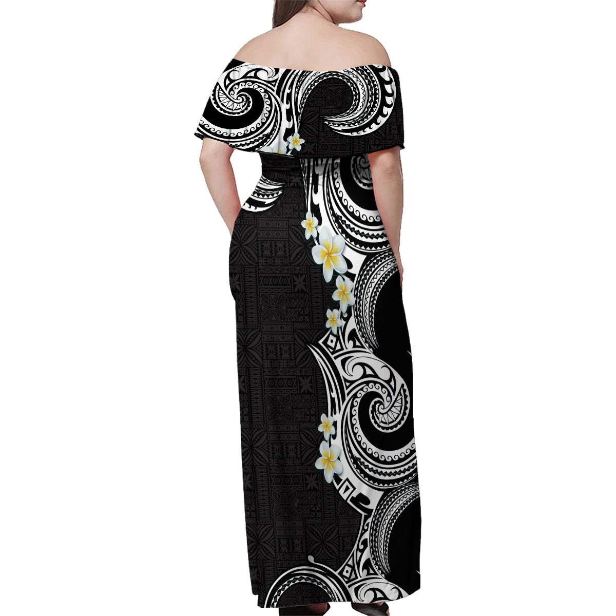 Aloha Polynesian Plumeria Flower Family Matching Off Shoulder Maxi Dress and Hawaiian Shirt Black White Color LT03 - Polynesian Pride