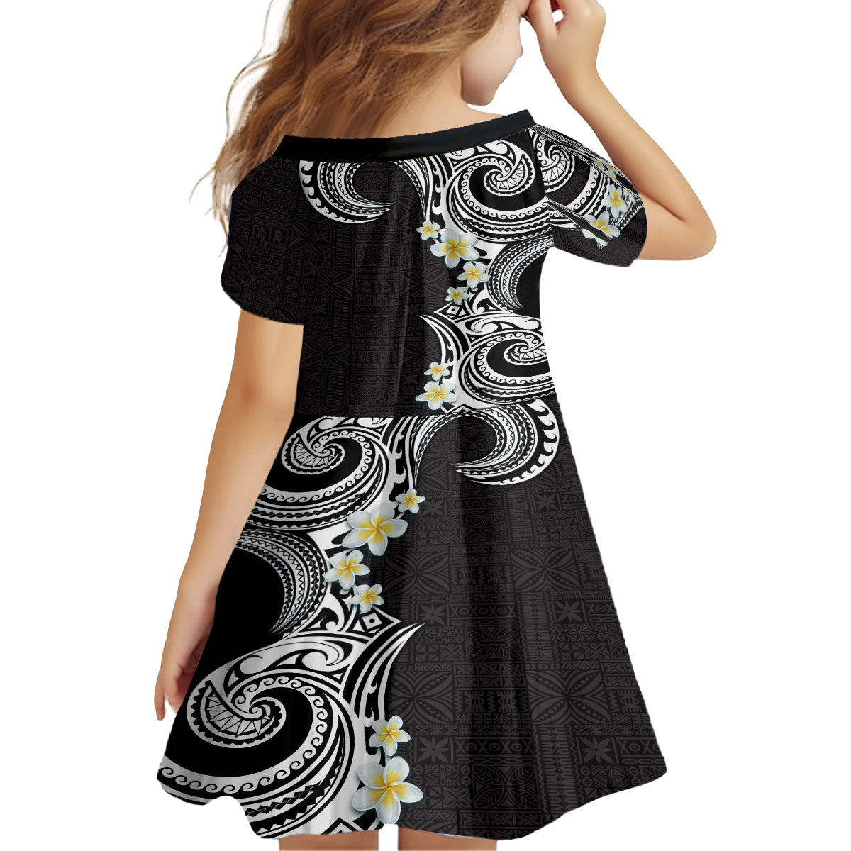 Aloha Polynesian Plumeria Flower Family Matching Off Shoulder Short Dress and Hawaiian Shirt Black White Color LT03 - Polynesian Pride