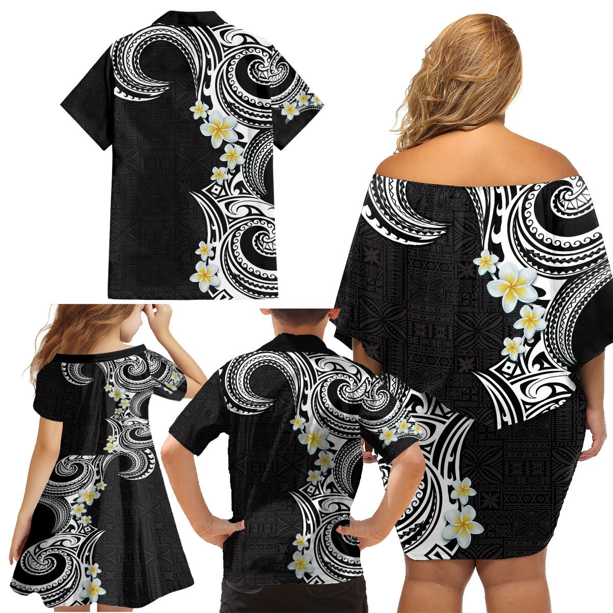 Aloha Polynesian Plumeria Flower Family Matching Off Shoulder Short Dress and Hawaiian Shirt Black White Color LT03 - Polynesian Pride