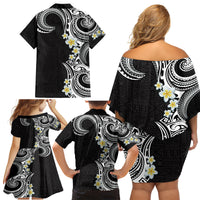 Aloha Polynesian Plumeria Flower Family Matching Off Shoulder Short Dress and Hawaiian Shirt Black White Color LT03 - Polynesian Pride