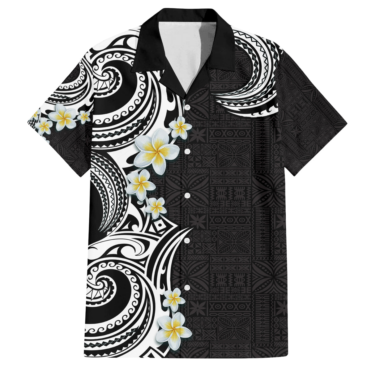 Aloha Polynesian Plumeria Flower Family Matching Off Shoulder Short Dress and Hawaiian Shirt Black White Color LT03 Dad's Shirt - Short Sleeve Black - Polynesian Pride
