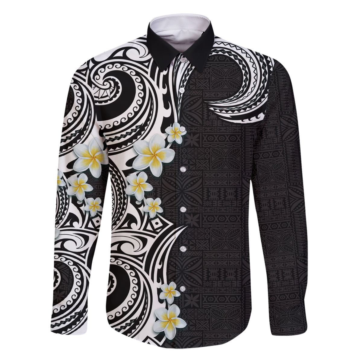 Aloha Polynesian Plumeria Flower Family Matching Off Shoulder Short Dress and Hawaiian Shirt Black White Color LT03 Dad's Shirt - Long Sleeve Black - Polynesian Pride