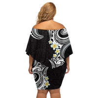 Aloha Polynesian Plumeria Flower Family Matching Off Shoulder Short Dress and Hawaiian Shirt Black White Color LT03 - Polynesian Pride