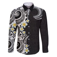 Aloha Polynesian Plumeria Flower Family Matching Puletasi and Hawaiian Shirt Black White Color LT03 Dad's Shirt - Long Sleeve Black - Polynesian Pride