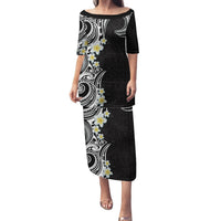 Aloha Polynesian Plumeria Flower Family Matching Puletasi and Hawaiian Shirt Black White Color LT03 Mom's Dress Black - Polynesian Pride