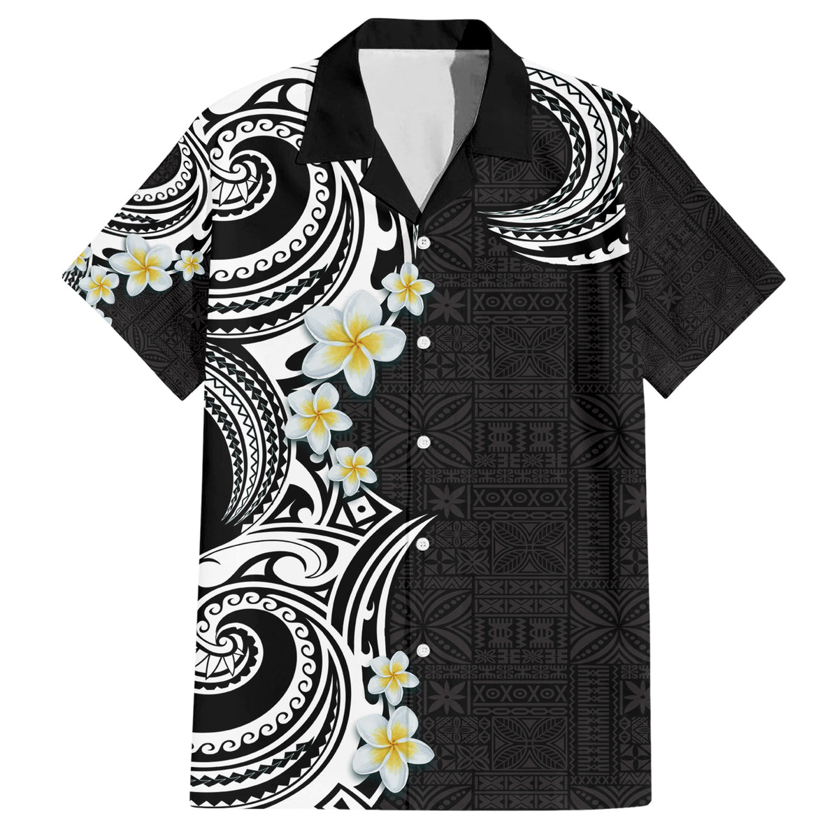 Aloha Polynesian Plumeria Flower Family Matching Short Sleeve Bodycon Dress and Hawaiian Shirt Black White Color LT03 Dad's Shirt - Short Sleeve Black - Polynesian Pride