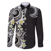 Aloha Polynesian Plumeria Flower Family Matching Short Sleeve Bodycon Dress and Hawaiian Shirt Black White Color LT03 Dad's Shirt - Long Sleeve Black - Polynesian Pride