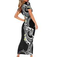 Aloha Polynesian Plumeria Flower Family Matching Short Sleeve Bodycon Dress and Hawaiian Shirt Black White Color LT03 - Polynesian Pride