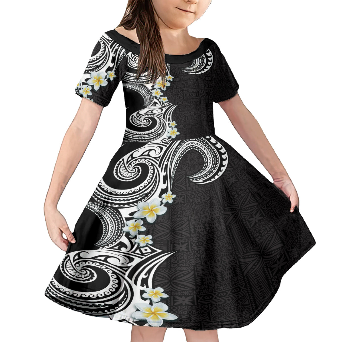 Aloha Polynesian Plumeria Flower Family Matching Summer Maxi Dress and Hawaiian Shirt Black White Color LT03 Daughter's Dress Black - Polynesian Pride