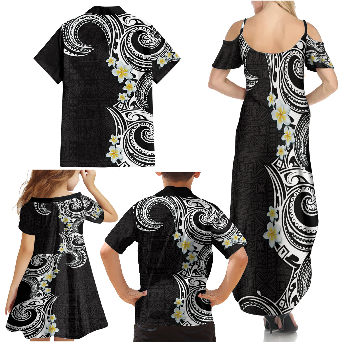 Aloha Polynesian Plumeria Flower Family Matching Summer Maxi Dress and Hawaiian Shirt Black White Color LT03 - Polynesian Pride