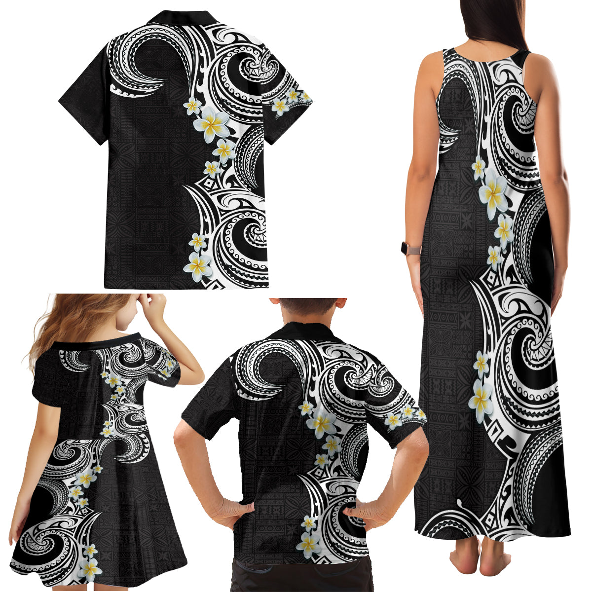 Aloha Polynesian Plumeria Flower Family Matching Tank Maxi Dress and Hawaiian Shirt Black White Color LT03 - Polynesian Pride