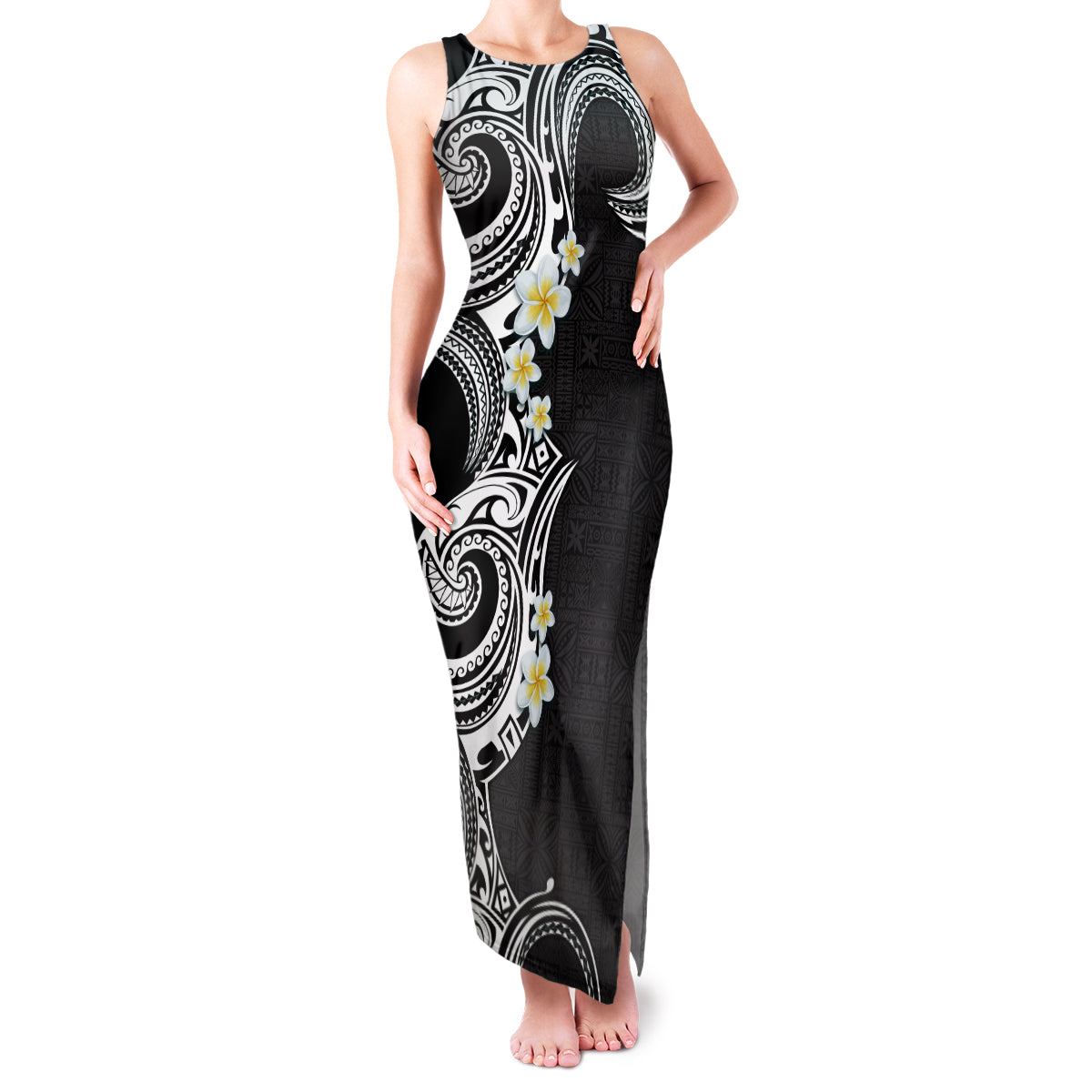 Aloha Polynesian Plumeria Flower Family Matching Tank Maxi Dress and Hawaiian Shirt Black White Color LT03 Mom's Dress Black - Polynesian Pride