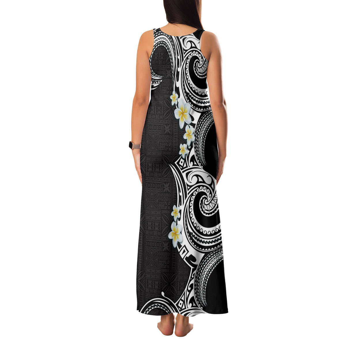 Aloha Polynesian Plumeria Flower Family Matching Tank Maxi Dress and Hawaiian Shirt Black White Color LT03 - Polynesian Pride