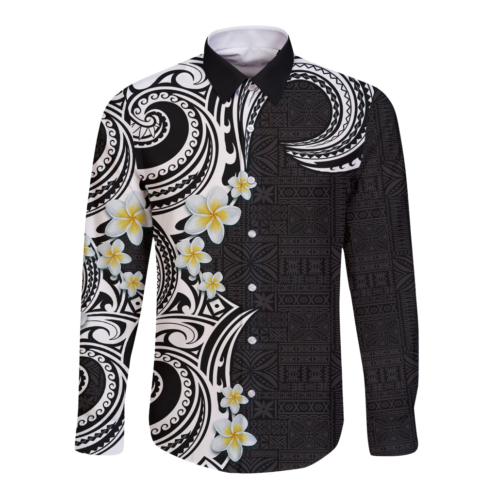 Aloha Polynesian Plumeria Flower Long Sleeve Button Shirt Black White Color LT03 Unisex Black - Polynesian Pride