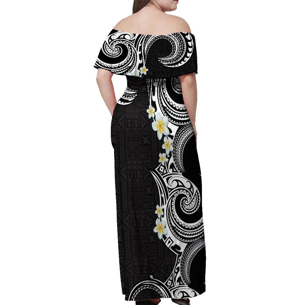 Aloha Polynesian Plumeria Flower Off Shoulder Maxi Dress Black White Color