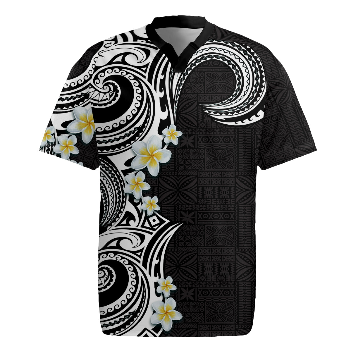Aloha Polynesian Plumeria Flower Rugby Jersey Black White Color LT03 Black - Polynesian Pride