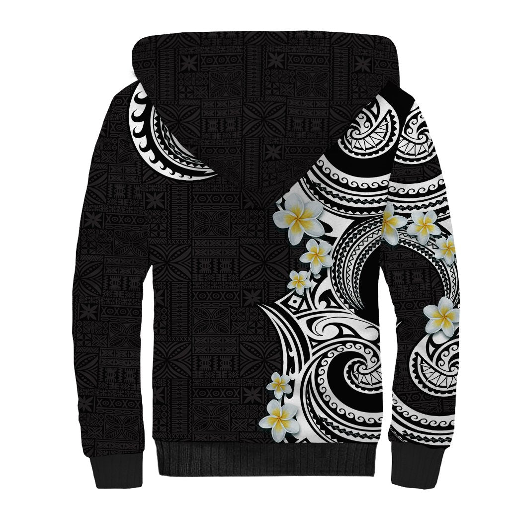 Aloha Polynesian Plumeria Flower Sherpa Hoodie Black White Color