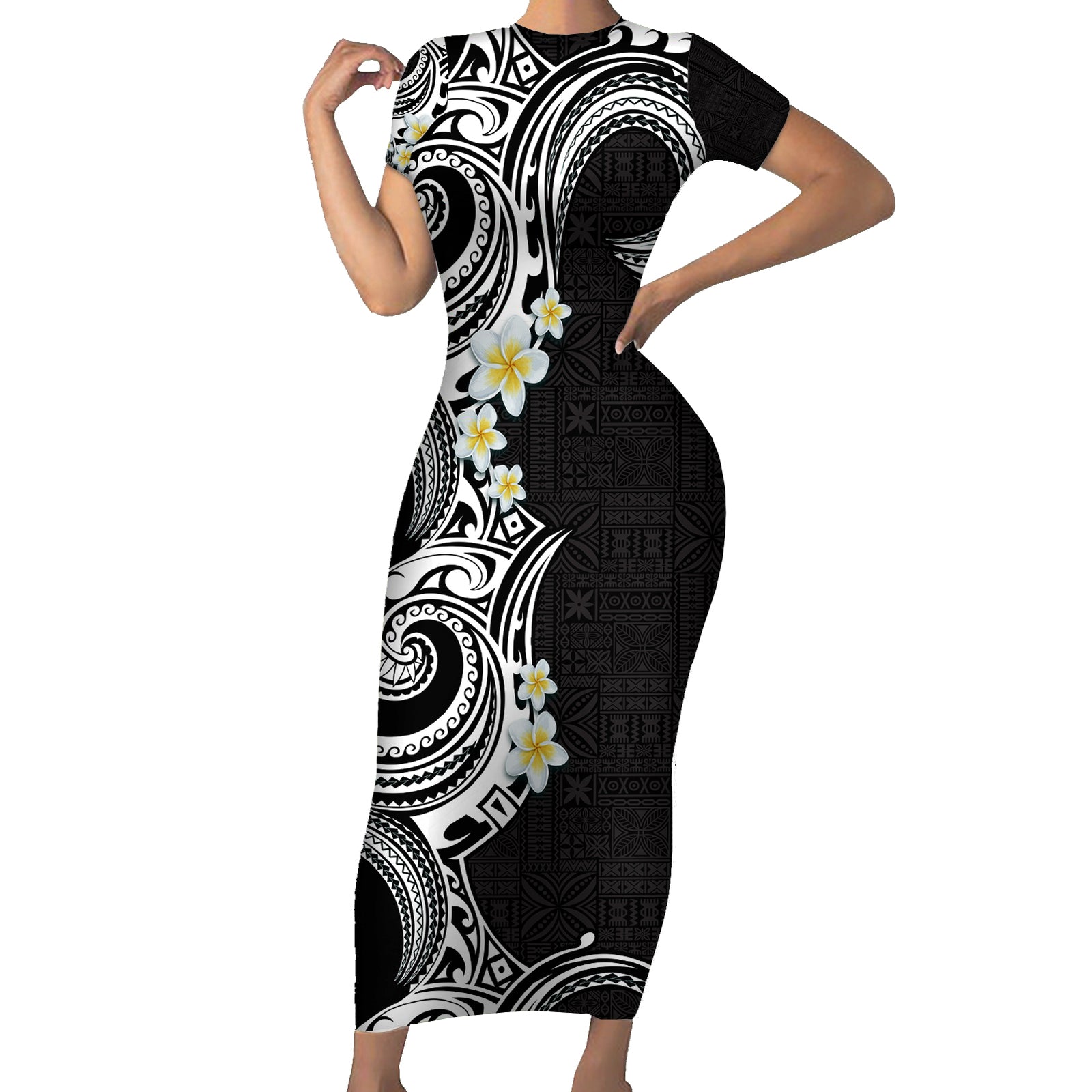 Aloha Polynesian Plumeria Flower Short Sleeve Bodycon Dress Black White Color LT03 Long Dress Black - Polynesian Pride