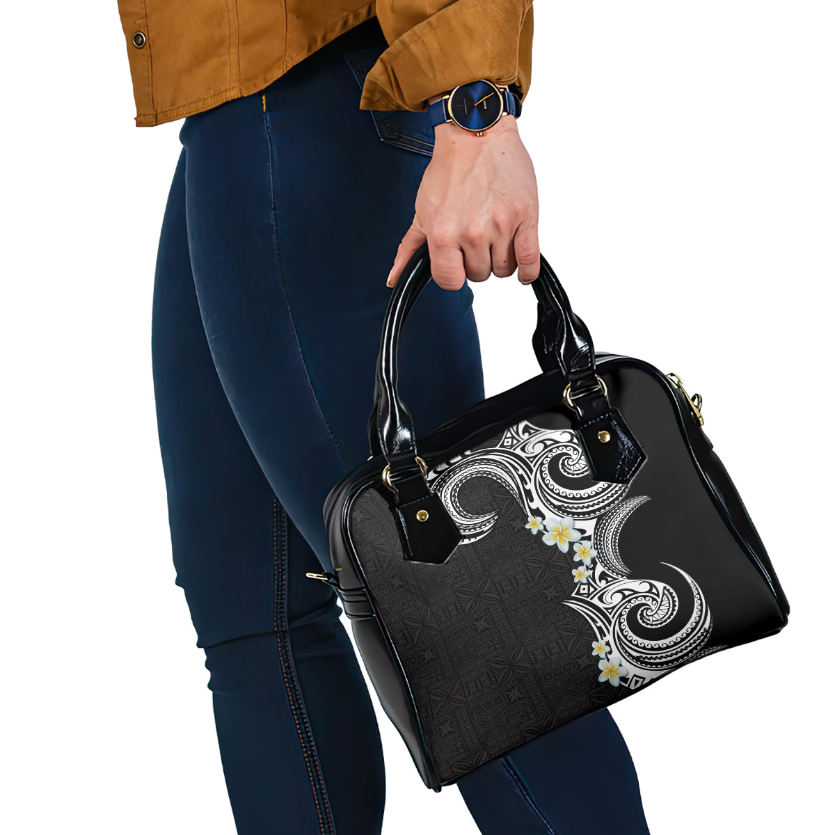 Aloha Polynesian Plumeria Flower Shoulder Handbag Black White Color