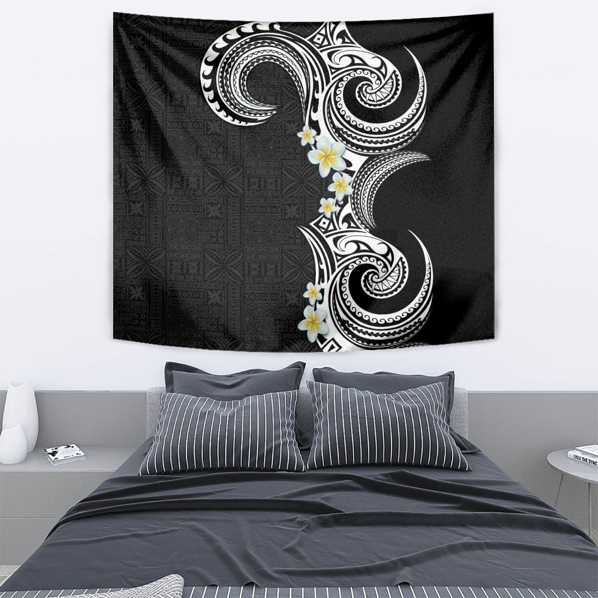 Aloha Polynesian Plumeria Flower Tapestry Black White Color