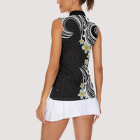 Aloha Polynesian Plumeria Flower Women Sleeveless Polo Shirt Black White Color